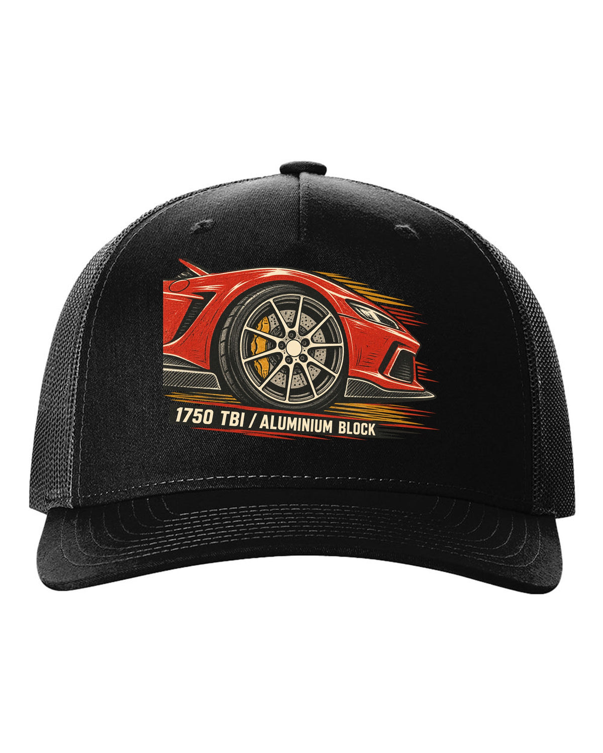 Multi-ink linocut illustration of an Alfa Romeo 4C with 1750 TBI aluminium block text black hat front view with the design