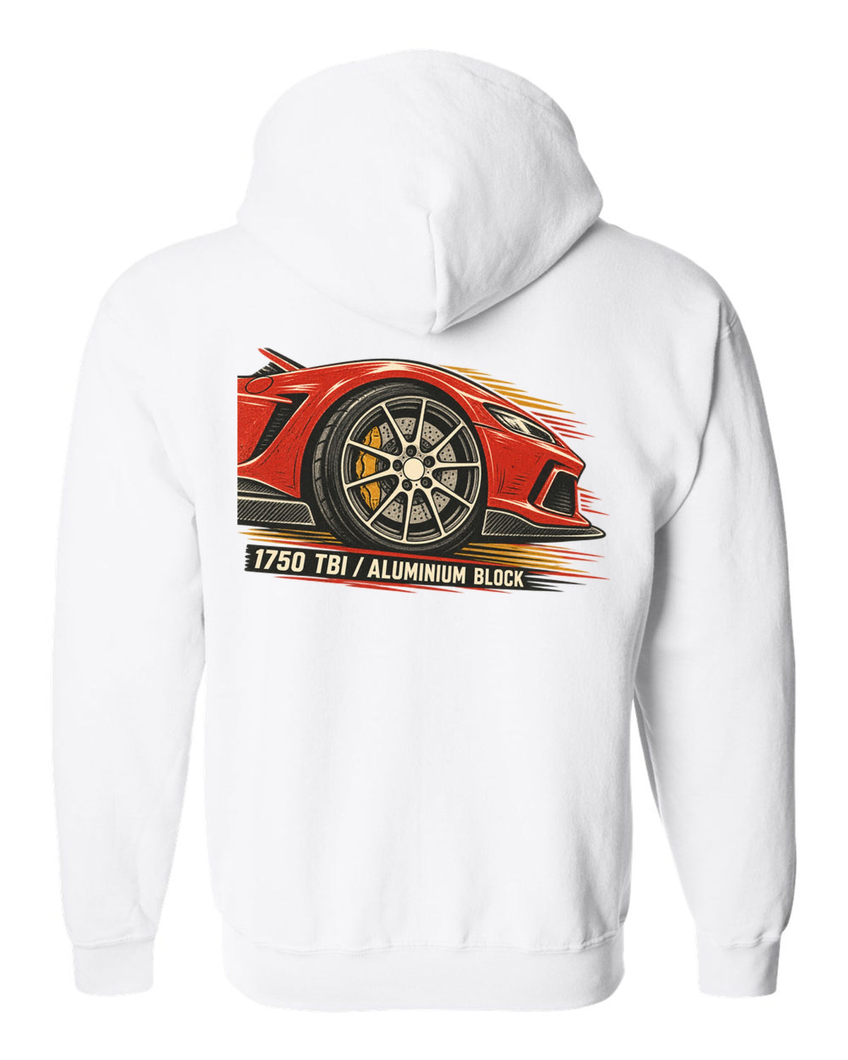 Multi-ink linocut illustration of an Alfa Romeo 4C with 1750 TBI aluminium block text white zip hoodie back view with the design
