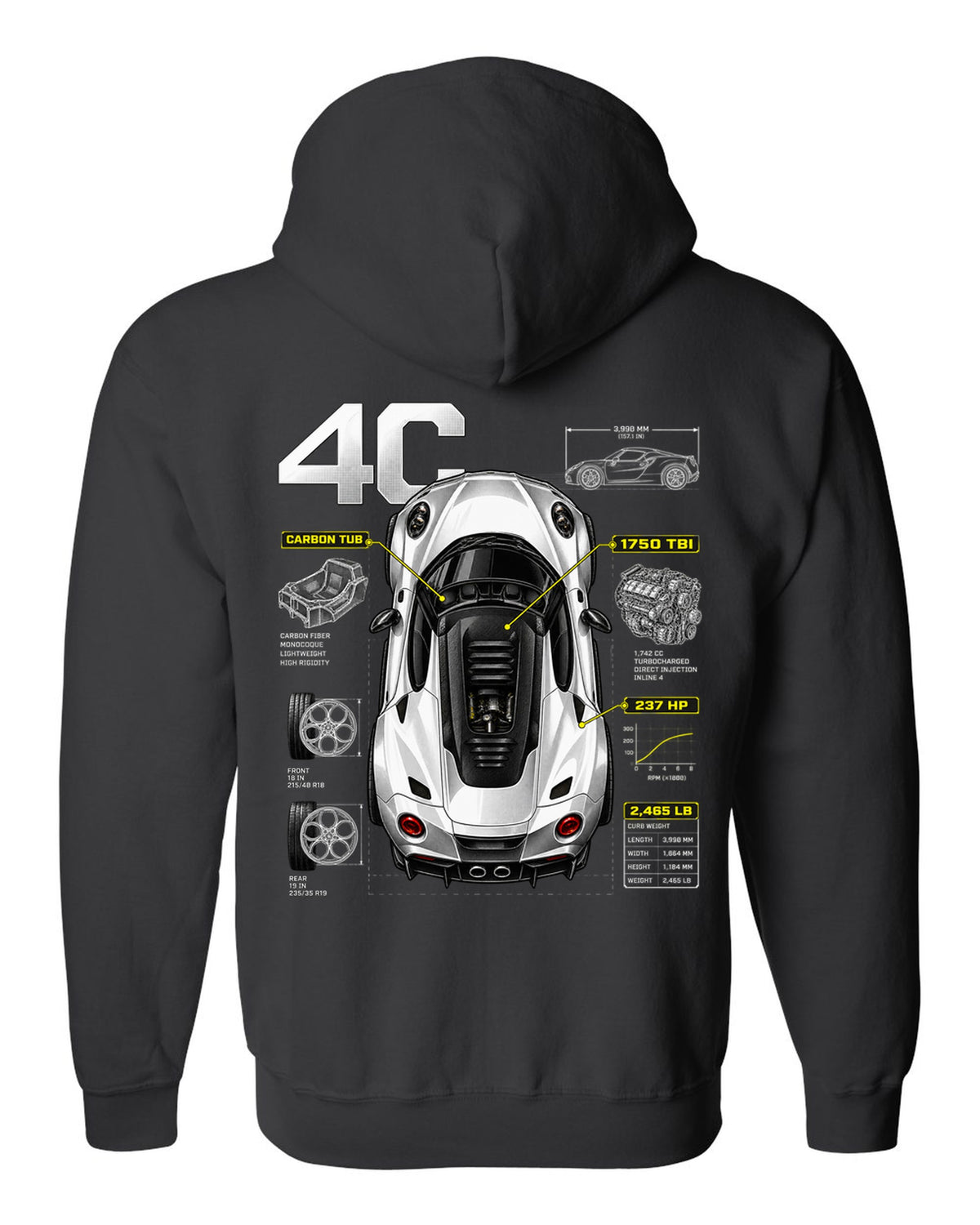 Overhead spec poster print of an Alfa Romeo 4C with carbon tub and 237 HP text black zip hoodie back view with the design