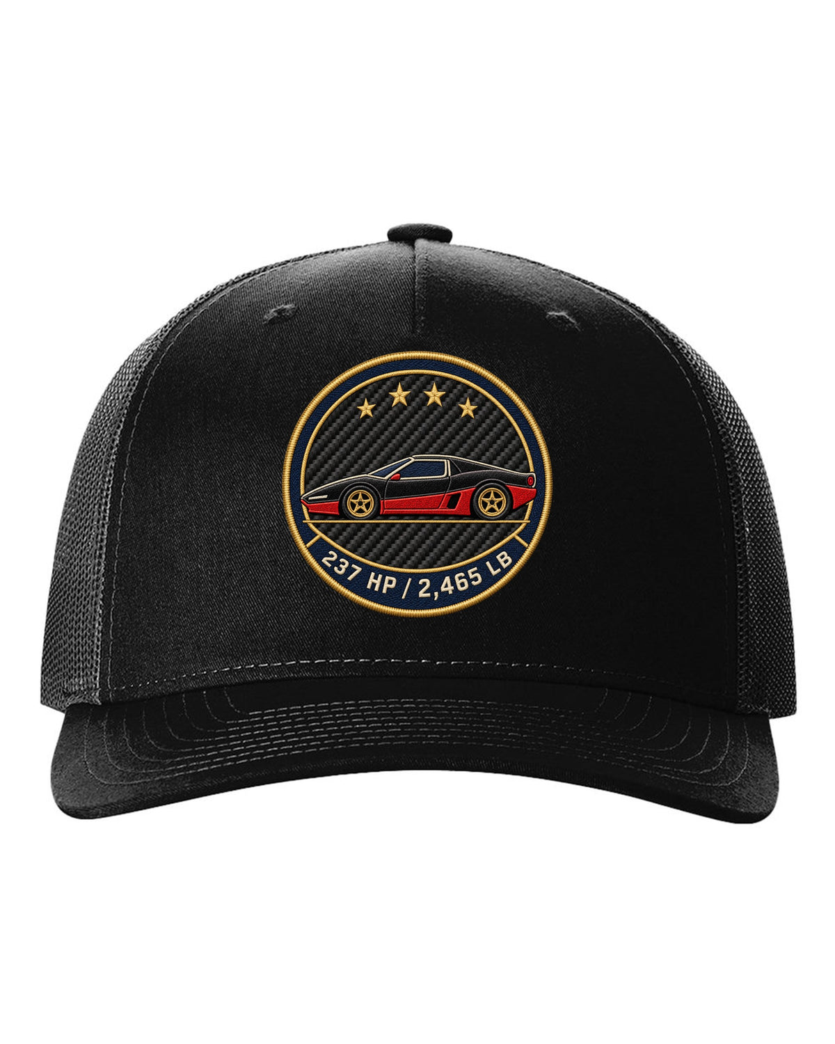 Embroidery style round crest for an Alfa Romeo 4C showing 237 HP and 2,465 LB black hat front view with the design