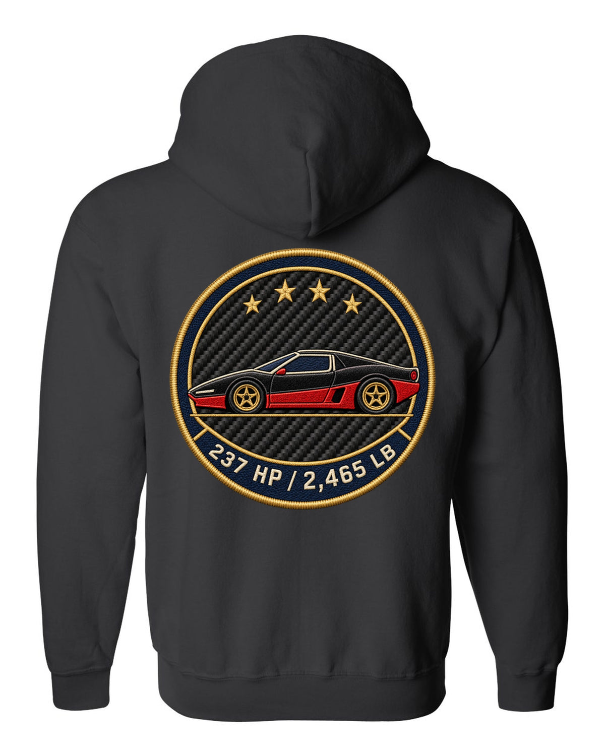 Embroidery style round crest for an Alfa Romeo 4C showing 237 HP and 2,465 LB black zip hoodie back view with the design