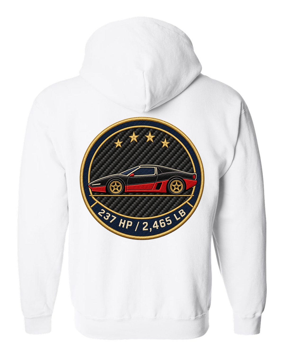 Embroidery style round crest for an Alfa Romeo 4C showing 237 HP and 2,465 LB white zip hoodie back view with the design