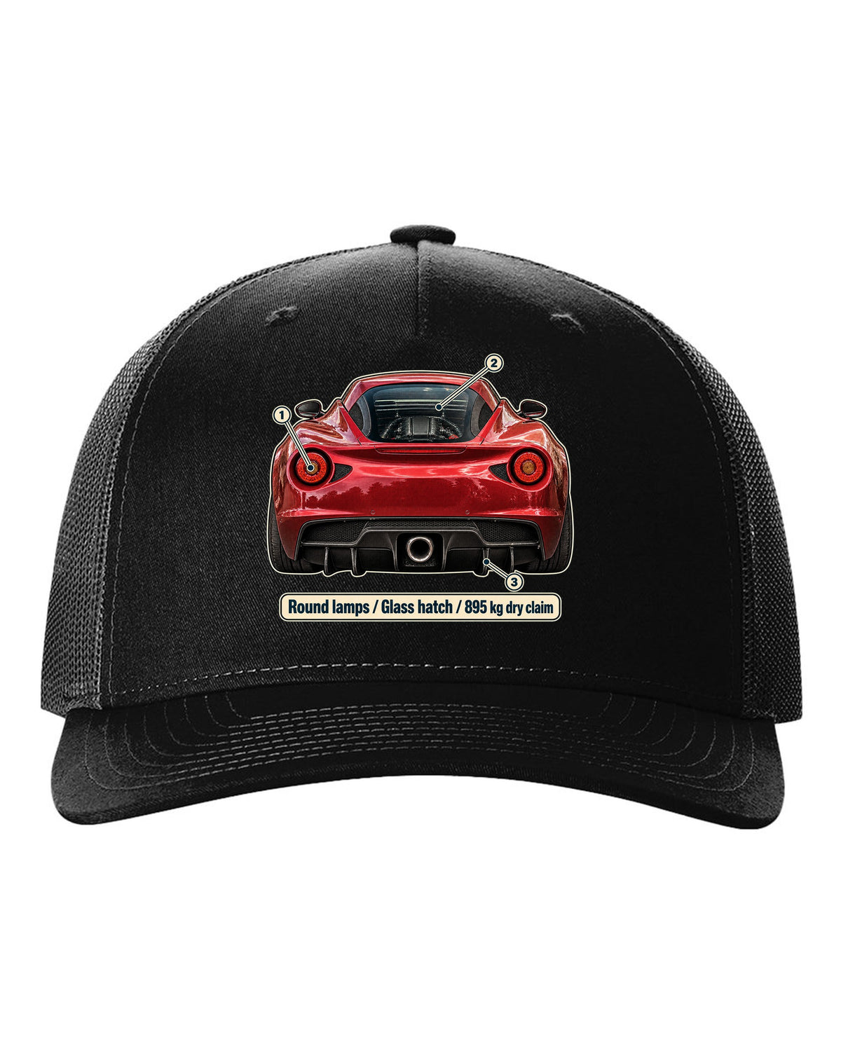 Taillight macro print of the Alfa Romeo 4C showing round lamps and glass ch black hat front view with the design