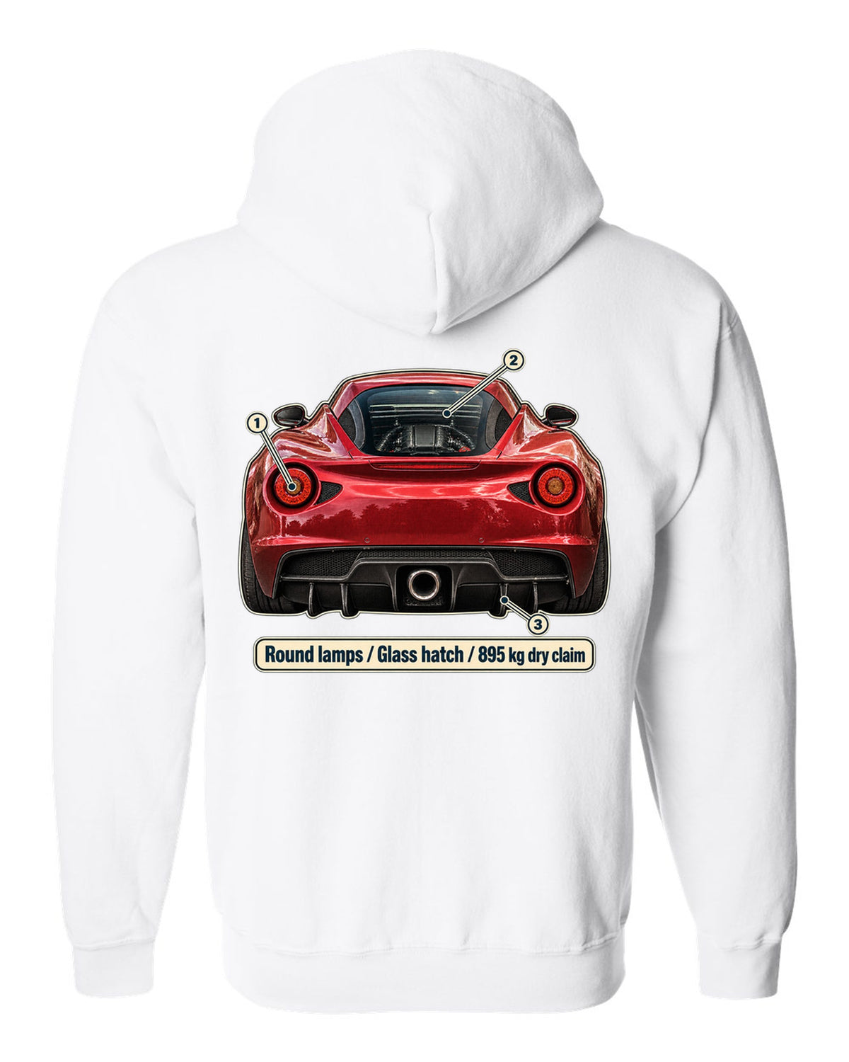 Taillight macro print of the Alfa Romeo 4C showing round lamps and glass ch white zip hoodie back view with the design