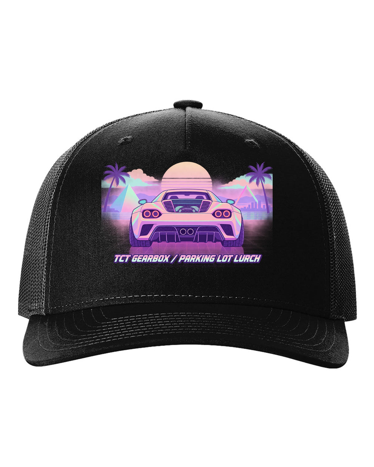 Vaporwave pastel illustration of an Alfa Romeo 4C with TCT gearbox parking lot lurch text black hat front view with the design