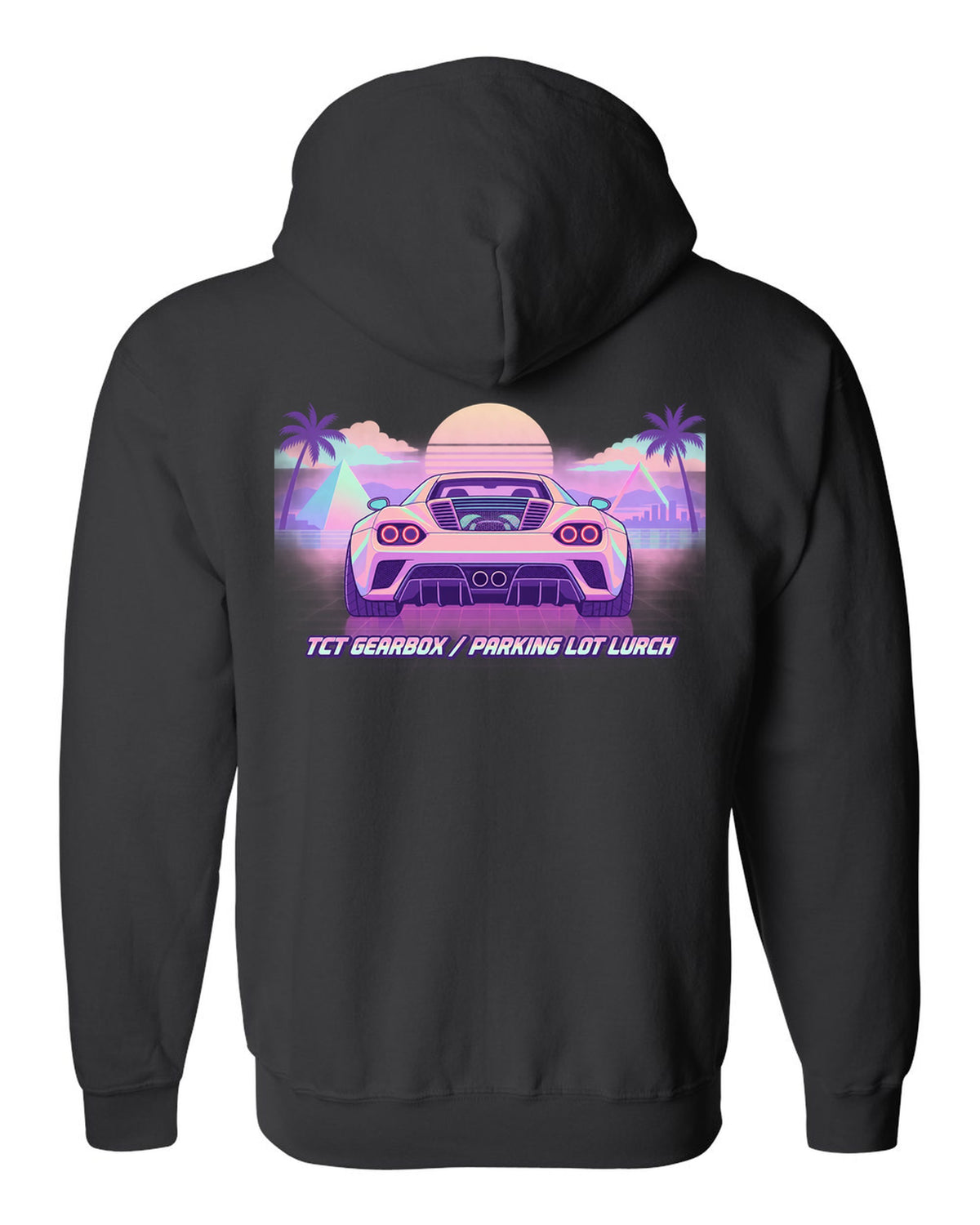 Vaporwave pastel illustration of an Alfa Romeo 4C with TCT gearbox parking lot lurch text black zip hoodie back view with the design