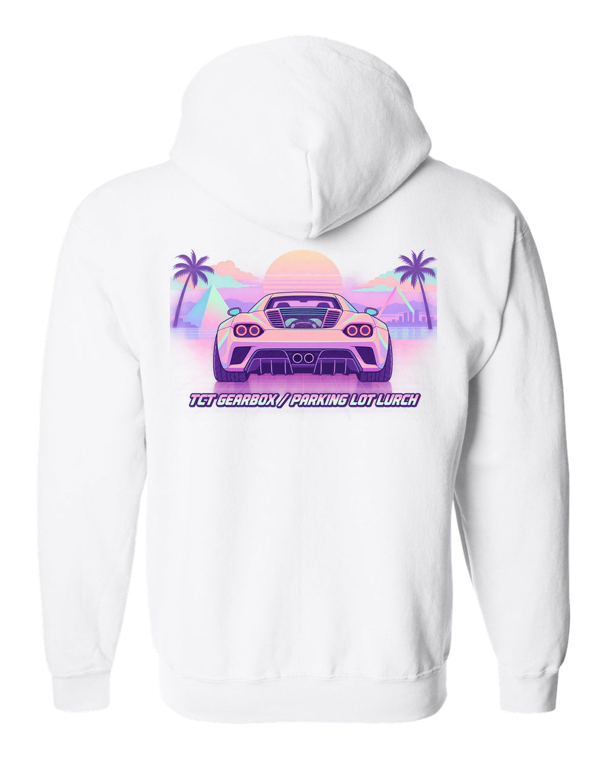 Vaporwave pastel illustration of an Alfa Romeo 4C with TCT gearbox parking lot lurch text white zip hoodie back view with the design