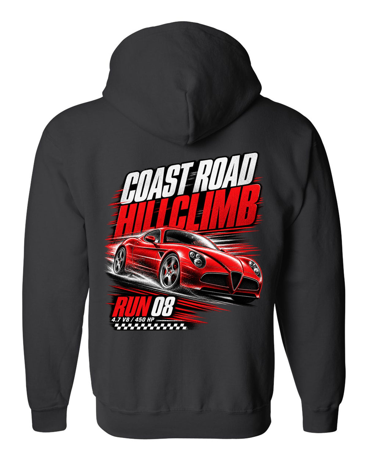 Hillclimb race poster print of an Alfa Romeo 8C Competizione with coast road and 4.7 V8 text black zip hoodie back view with the design