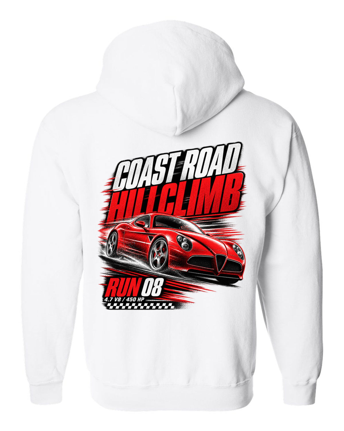 Hillclimb race poster print of an Alfa Romeo 8C Competizione with coast road and 4.7 V8 text white zip hoodie back view with the design