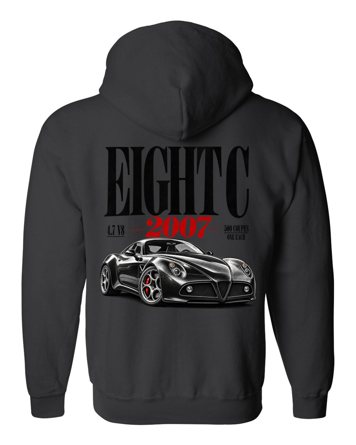 Editorial headline print for the Alfa Romeo 8C Competizione with 4.7 V8 text black zip hoodie back view with the design