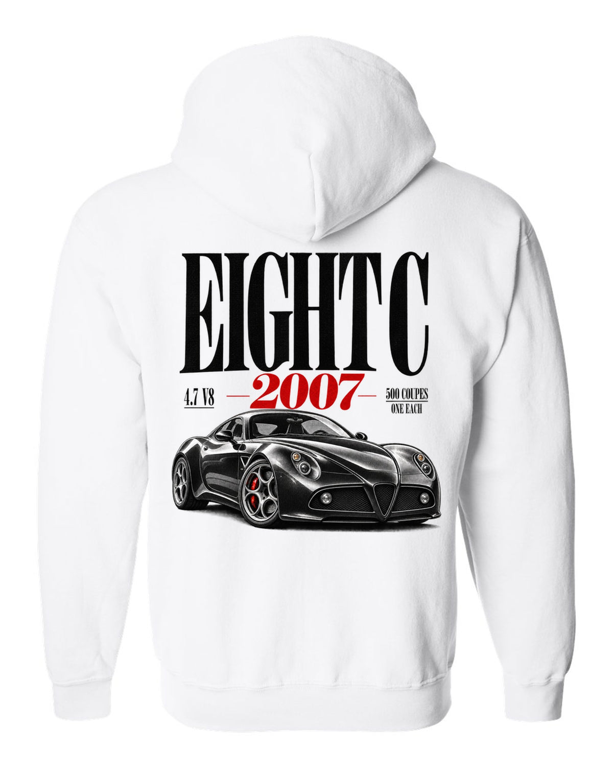 Editorial headline print for the Alfa Romeo 8C Competizione with 4.7 V8 text white zip hoodie back view with the design