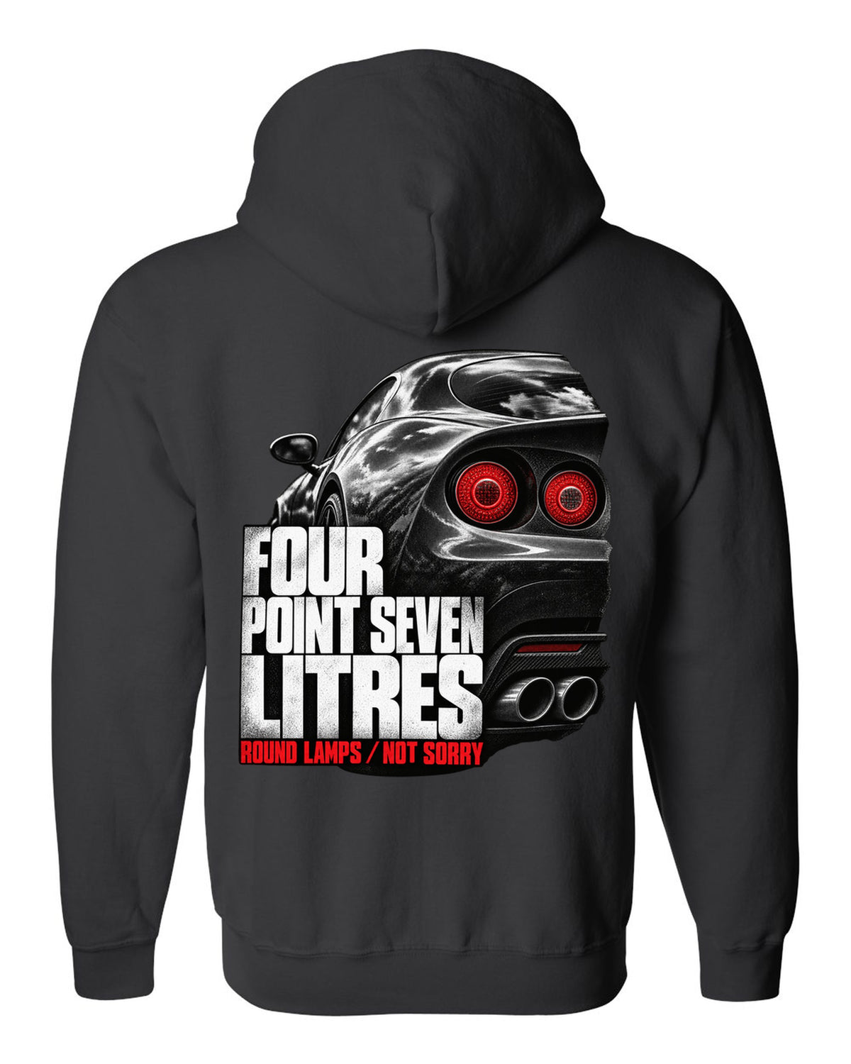 Tail lamp macro print of an Alfa Romeo 8C Competizione with four point seven litres text black zip hoodie back view with the design