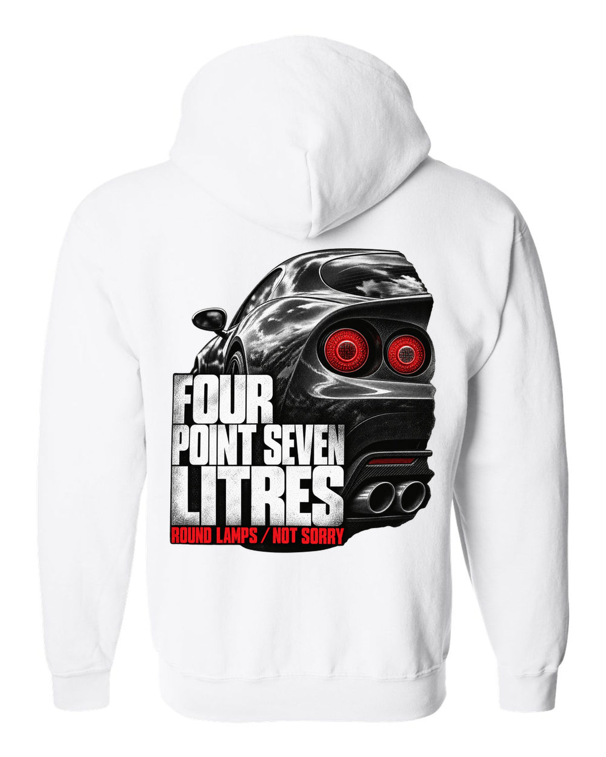 Tail lamp macro print of an Alfa Romeo 8C Competizione with four point seven litres text white zip hoodie back view with the design