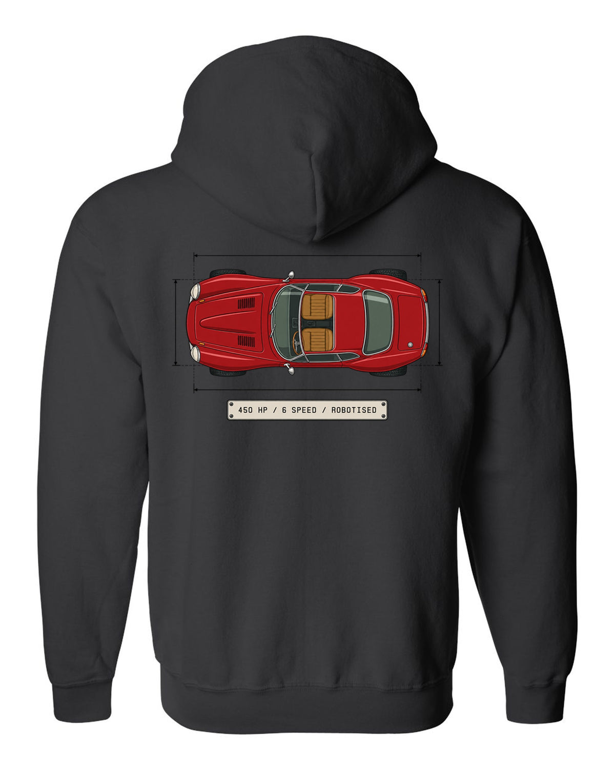 Spec sheet data plate for an Alfa Romeo 8C Competizione with 450 HP 6 speed robotised black zip hoodie back view with the design