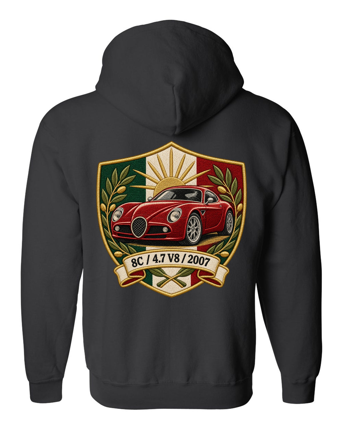 Embroidery style varsity crest for an Alfa Romeo 8C Competizione with 4.7 V8 and 2007 black zip hoodie back view with the design