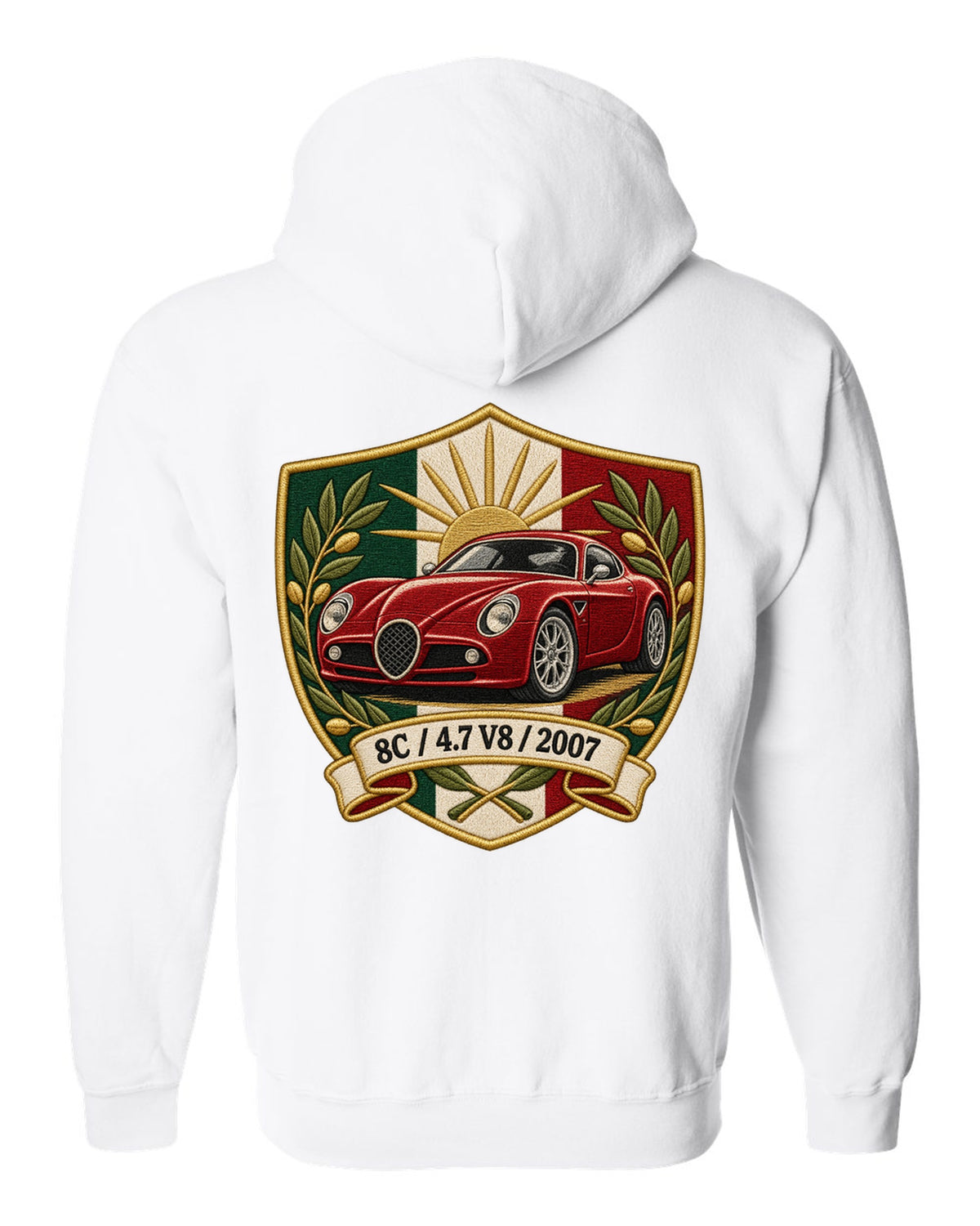 Embroidery style varsity crest for an Alfa Romeo 8C Competizione with 4.7 V8 and 2007 white zip hoodie back view with the design