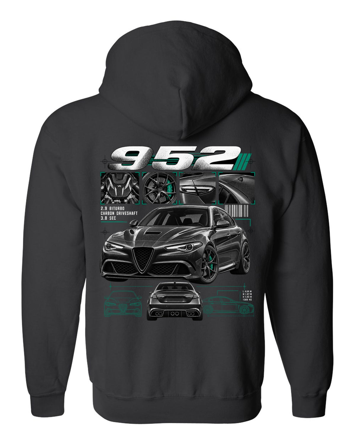 Dossier panel print of an Alfa Romeo Giulia Quadrifoglio 952 with 2.9 biturbo and carbon driveshaft text black zip hoodie back view with the design