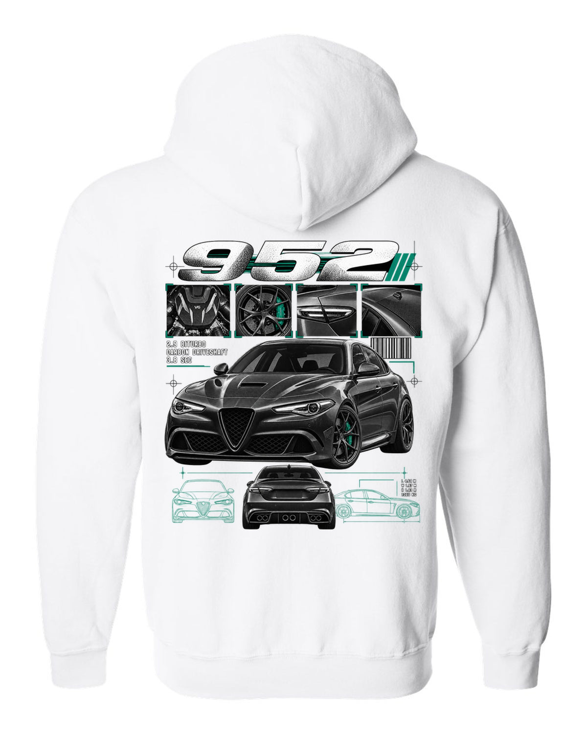 Dossier panel print of an Alfa Romeo Giulia Quadrifoglio 952 with 2.9 biturbo and carbon driveshaft text white zip hoodie back view with the design