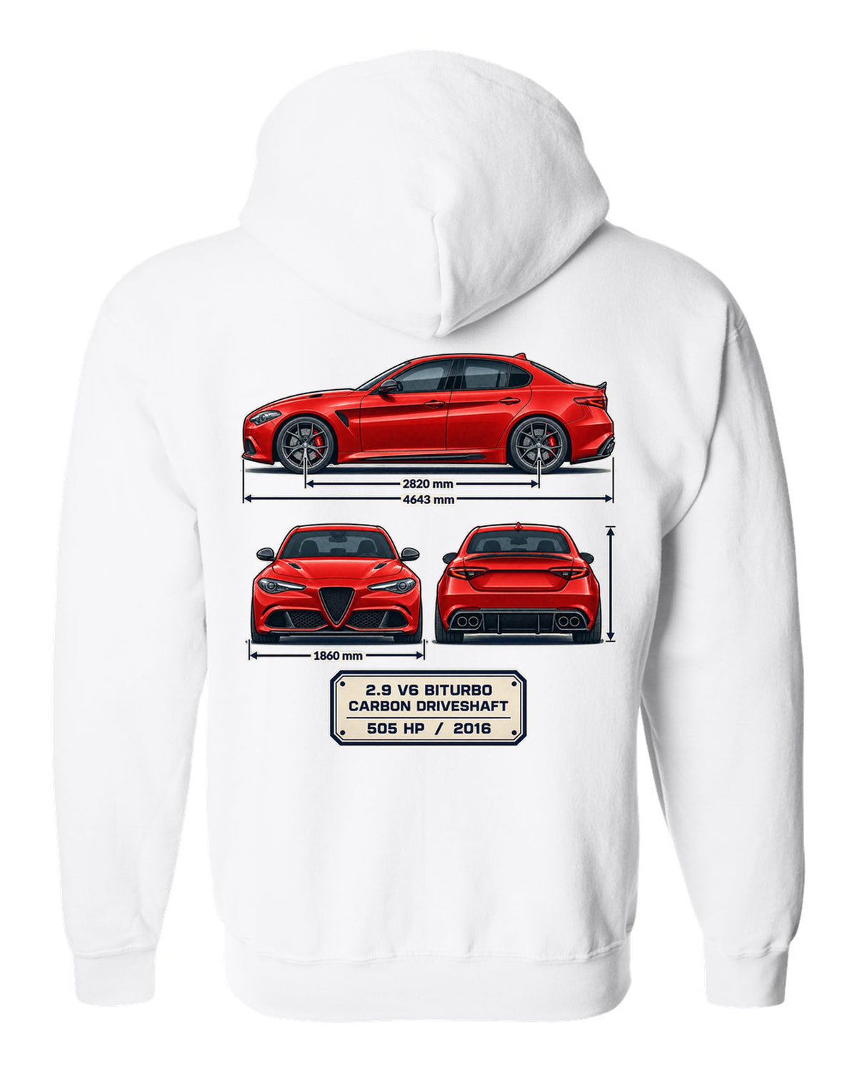 Alfa Romeo Giulia Quadrifoglio three-view spec print white zip hoodie back view with the design