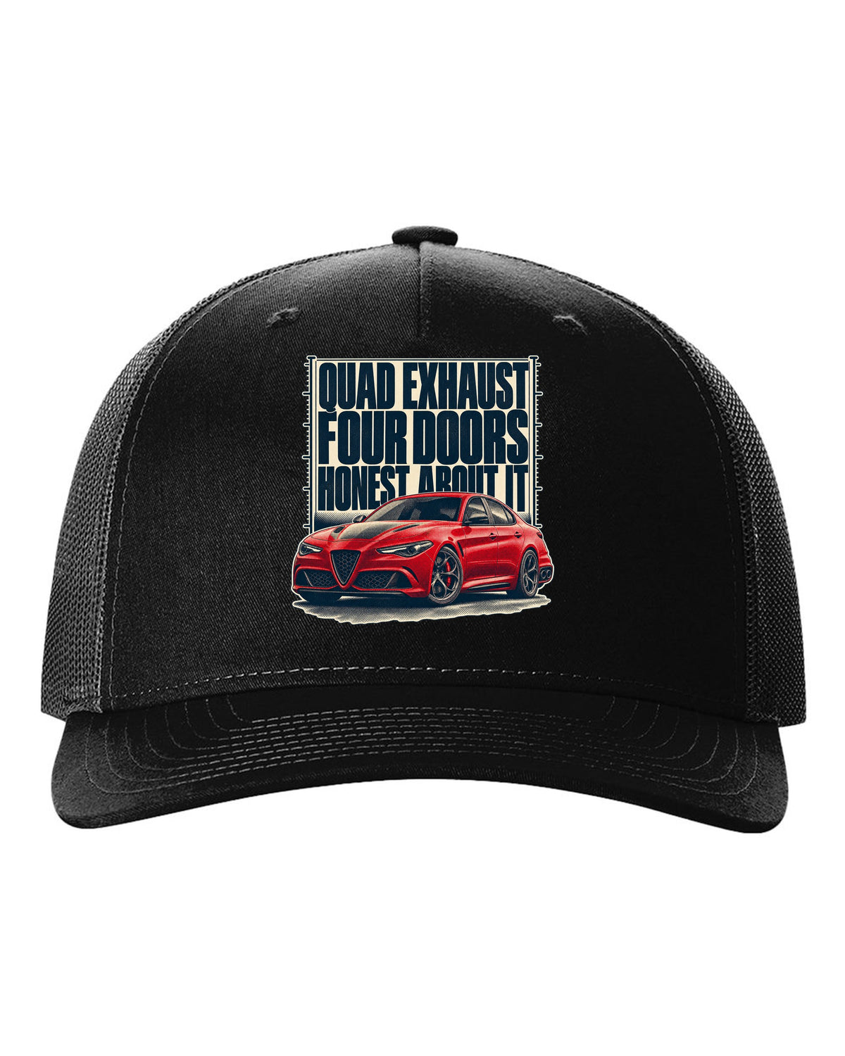 Alfa Romeo Giulia Quadrifoglio halftone statement print black hat front view with the design