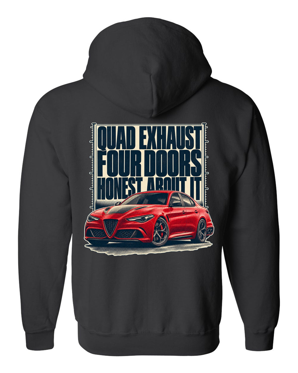 Alfa Romeo Giulia Quadrifoglio halftone statement print black zip hoodie back view with the design