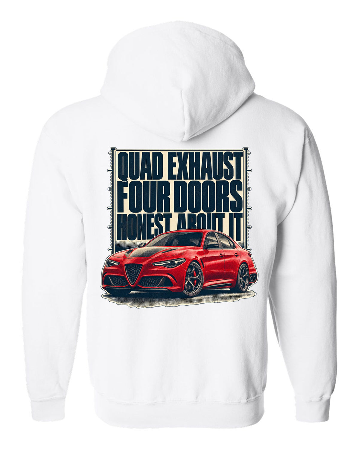 Alfa Romeo Giulia Quadrifoglio halftone statement print white zip hoodie back view with the design