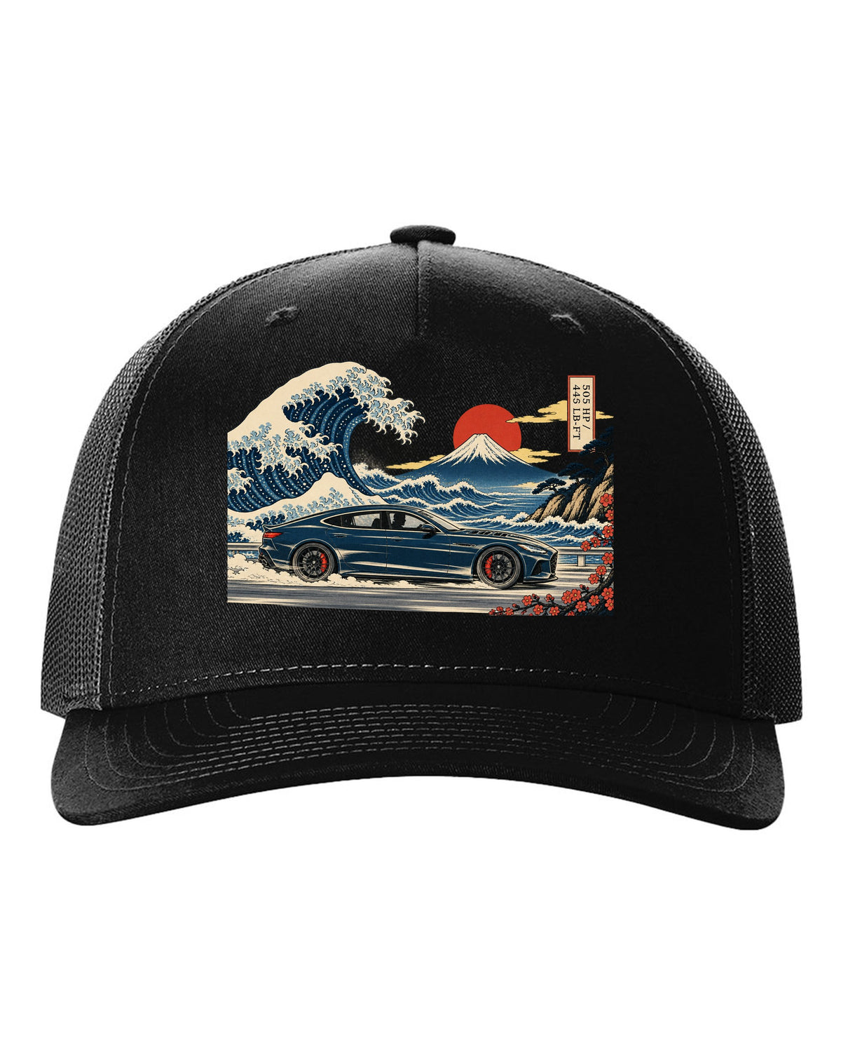 Ukiyo-e woodblock wave illustration of an Alfa Romeo Giulia Quadrifoglio with 505 HP and 443 lb-ft black hat front view with the design