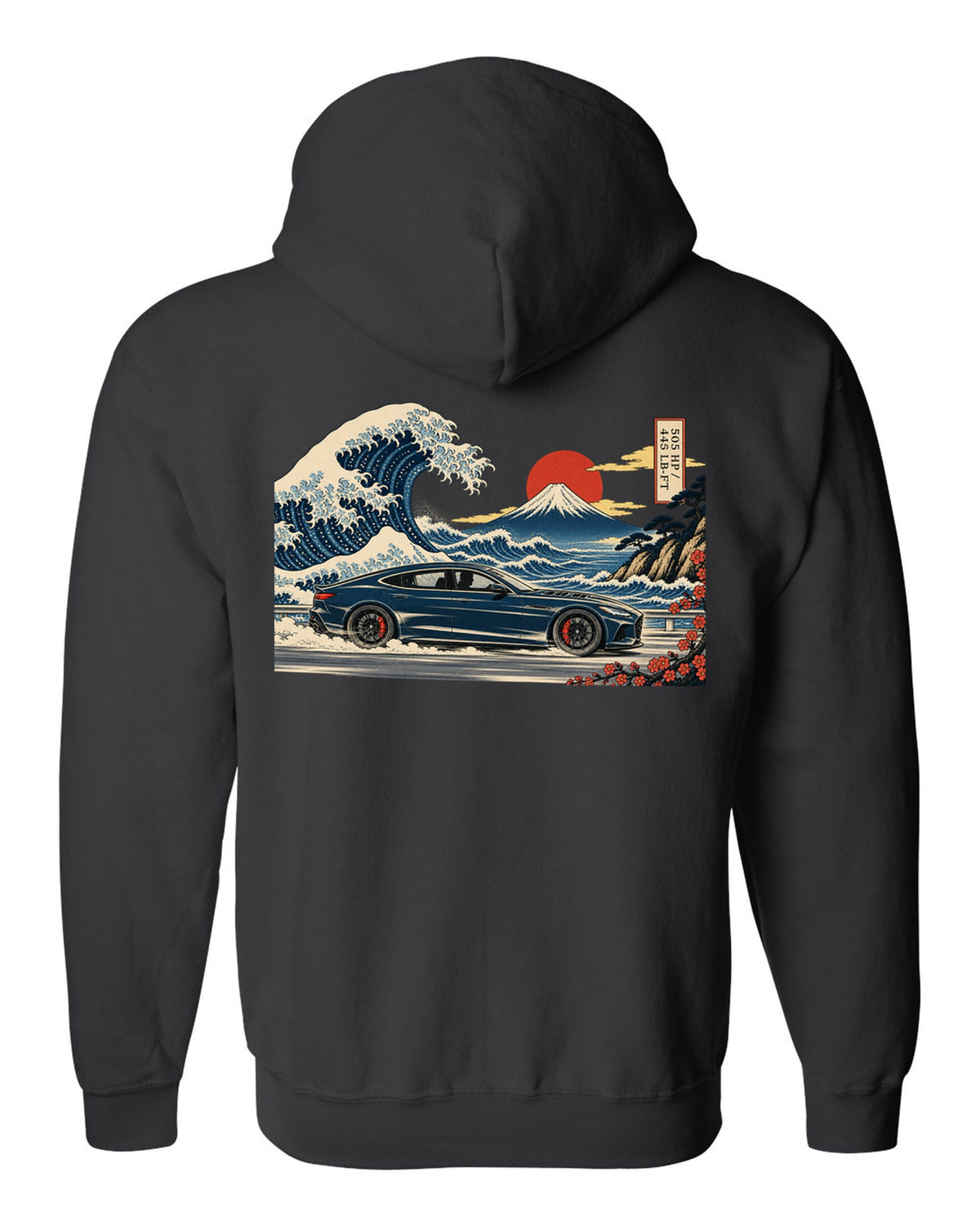 Ukiyo-e woodblock wave illustration of an Alfa Romeo Giulia Quadrifoglio with 505 HP and 443 lb-ft black zip hoodie back view with the design