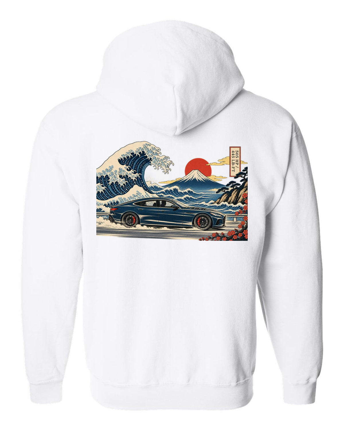 Ukiyo-e woodblock wave illustration of an Alfa Romeo Giulia Quadrifoglio with 505 HP and 443 lb-ft white zip hoodie back view with the design
