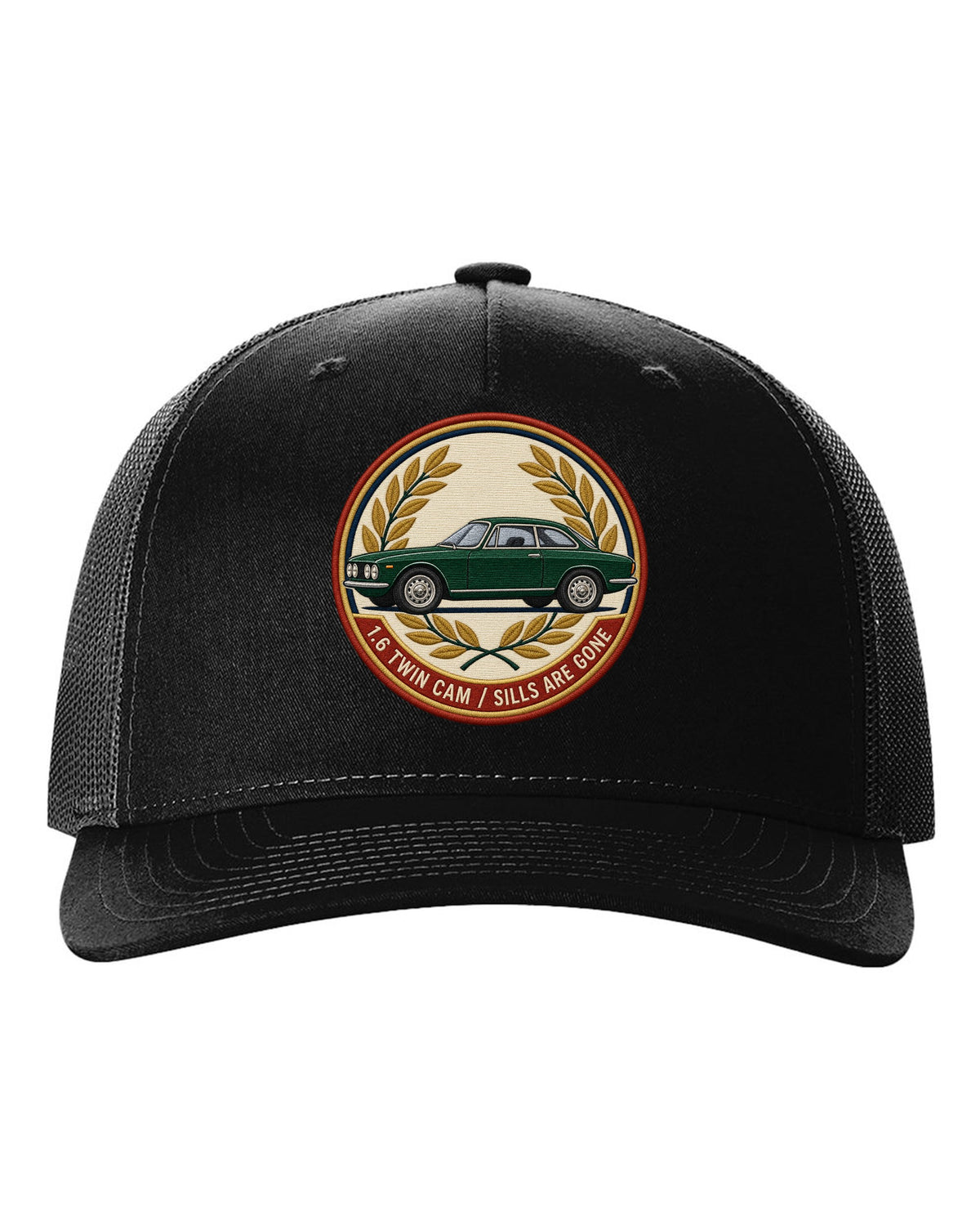Embroidery style varsity crest for an Alfa Romeo Giulia Sprint GT 105 with 1.6 twin cam black hat front view with the design