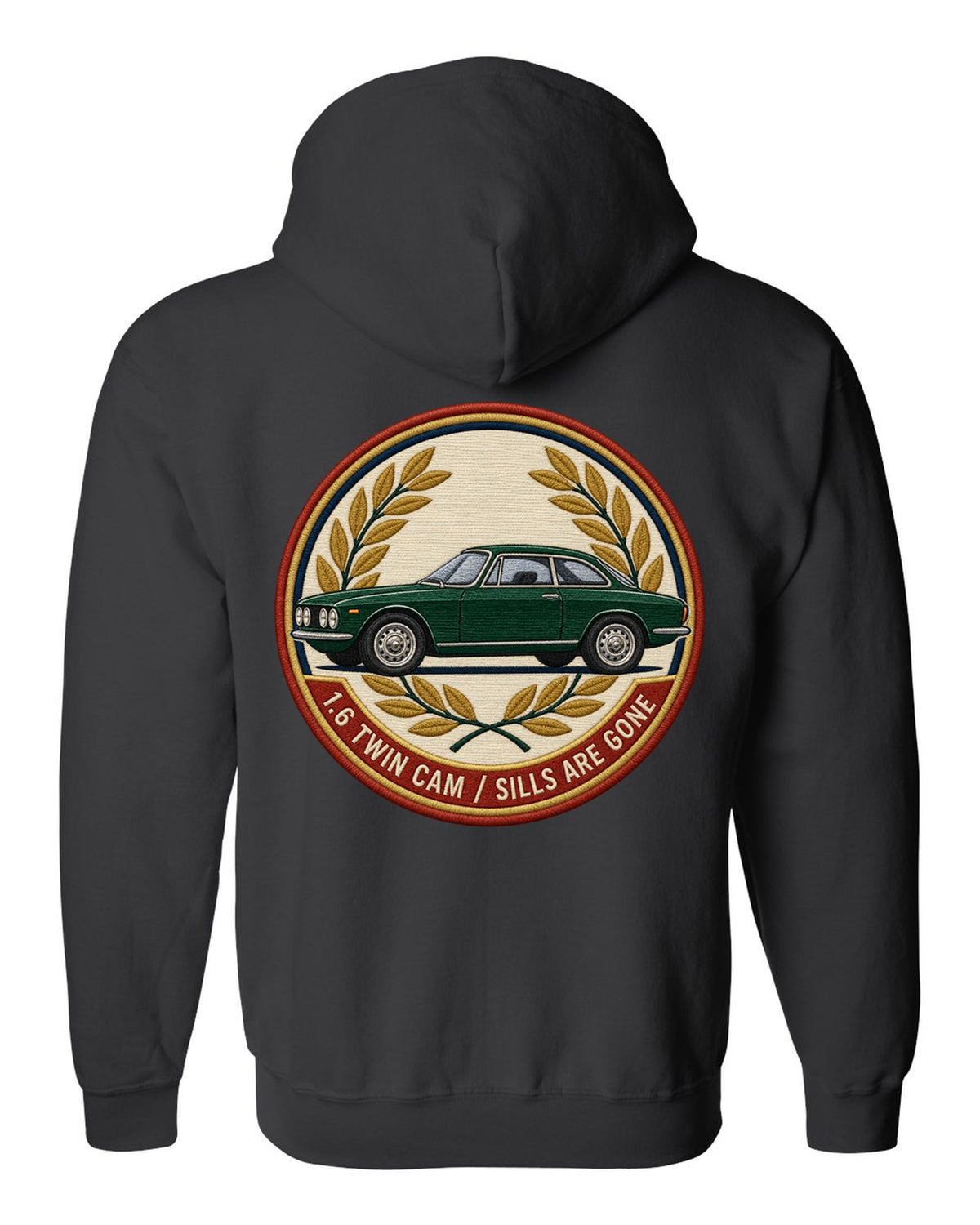 Embroidery style varsity crest for an Alfa Romeo Giulia Sprint GT 105 with 1.6 twin cam black zip hoodie back view with the design