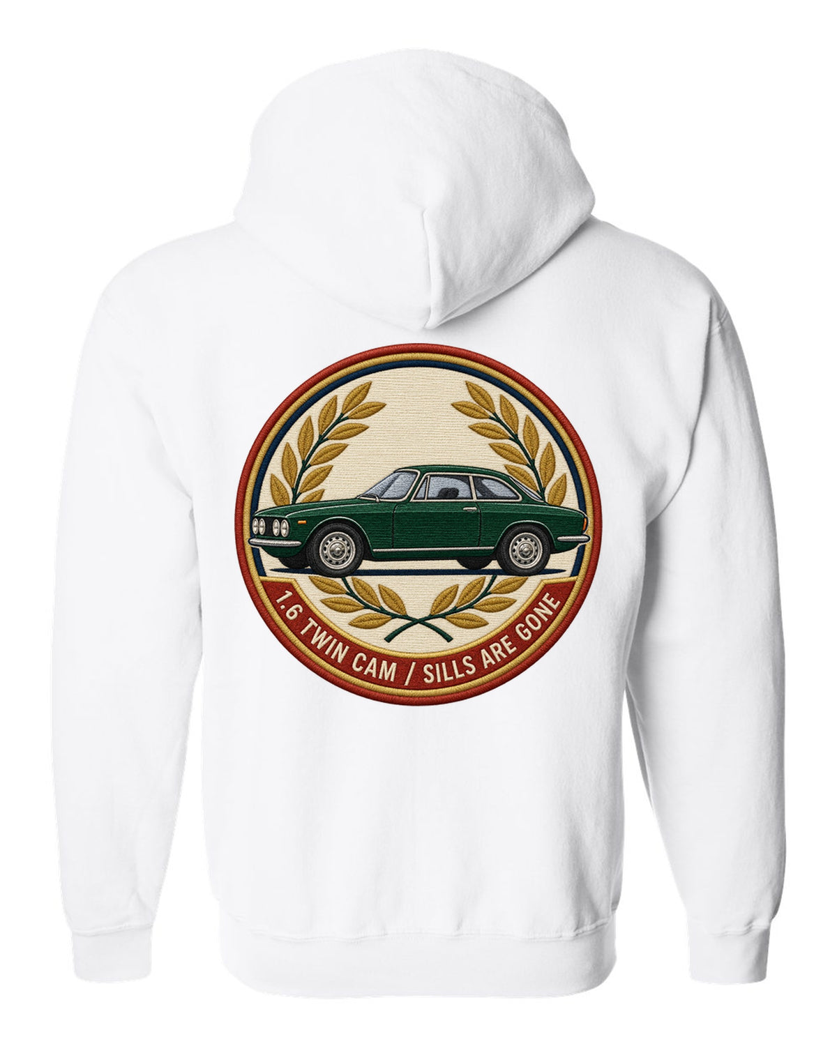 Embroidery style varsity crest for an Alfa Romeo Giulia Sprint GT 105 with 1.6 twin cam white zip hoodie back view with the design