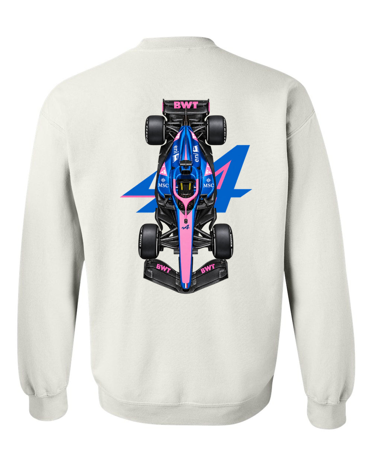Alpine A526 Formula 1 overhead poster artwork white crewneck back view with the design