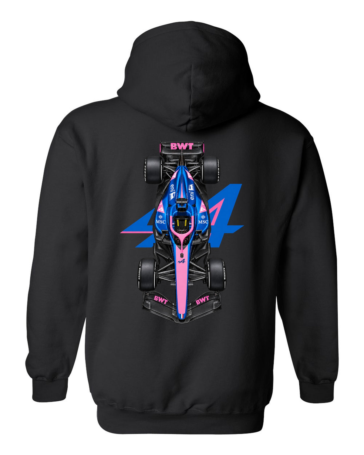 Alpine A526 Formula 1 overhead poster artwork black pull over hoodie back view with the design
