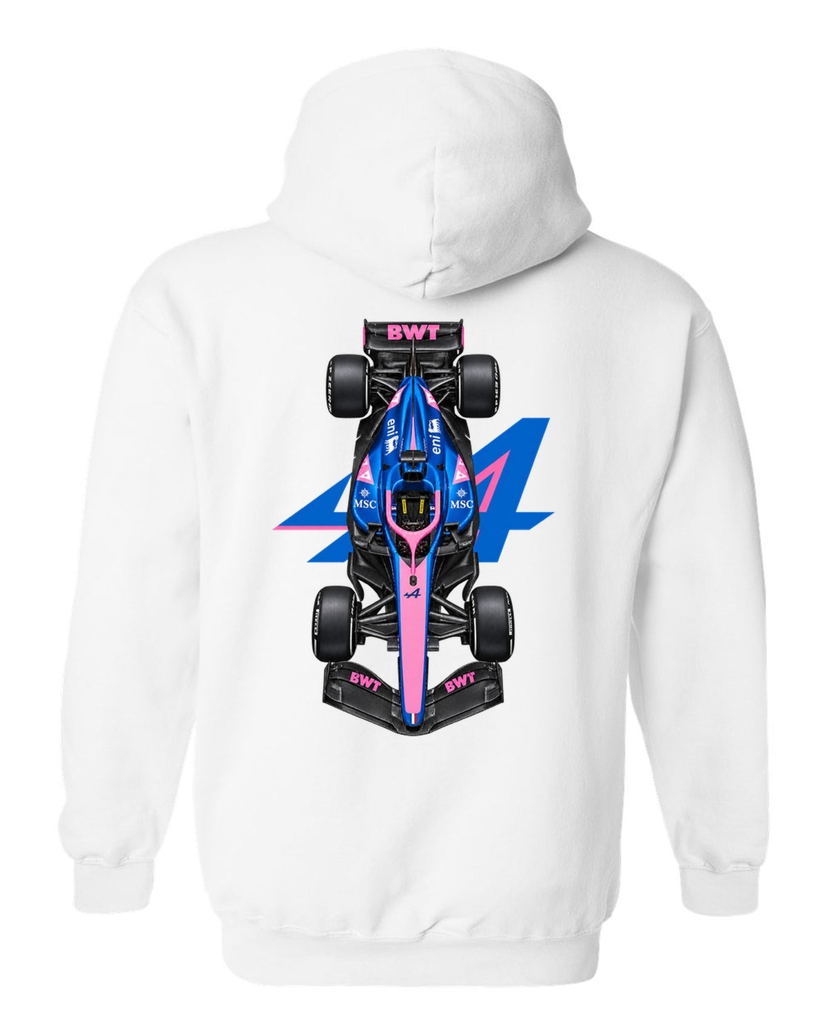 Alpine A526 Formula 1 overhead poster artwork white pull over hoodie back view with the design