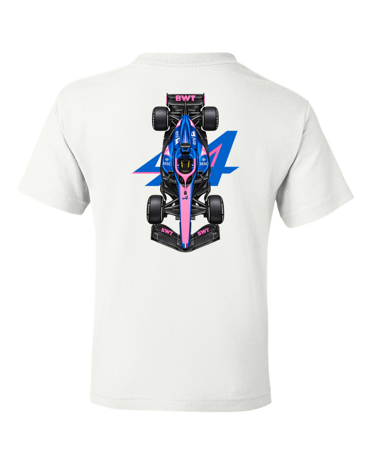 Alpine A526 Formula 1 overhead poster artwork white kids tee back view with the design