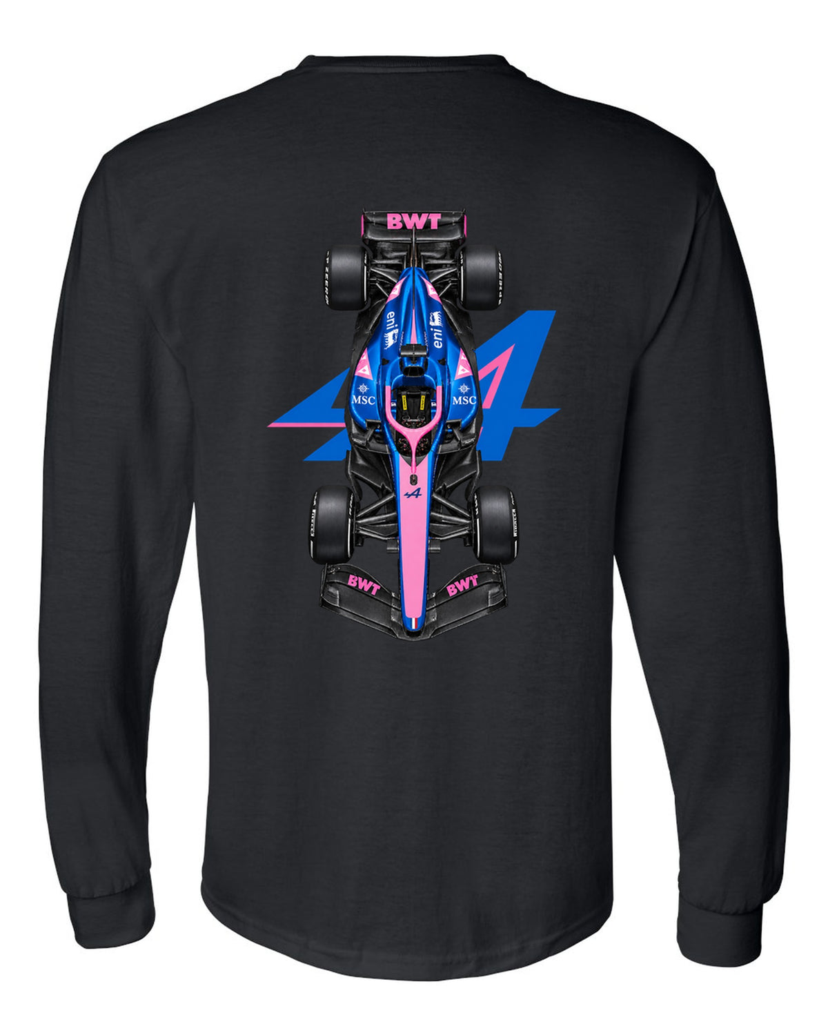Alpine A526 Formula 1 overhead poster artwork black long sleeve back view with the design