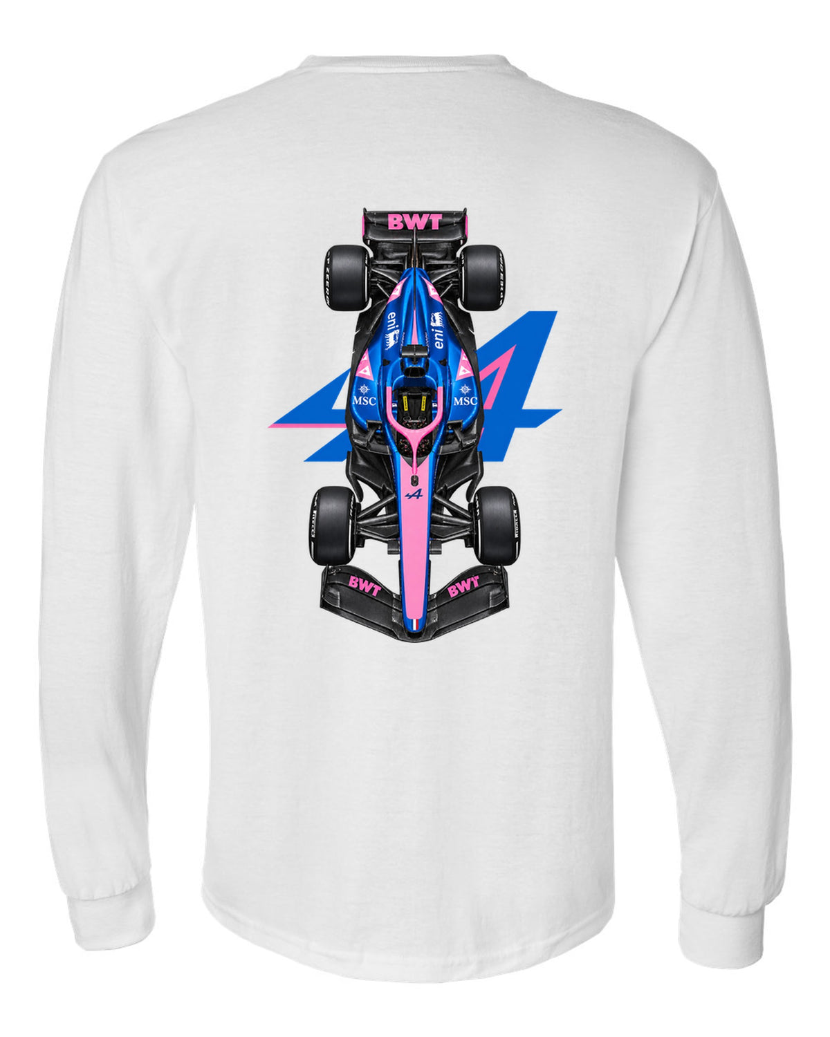 Alpine A526 Formula 1 overhead poster artwork white long sleeve back view with the design