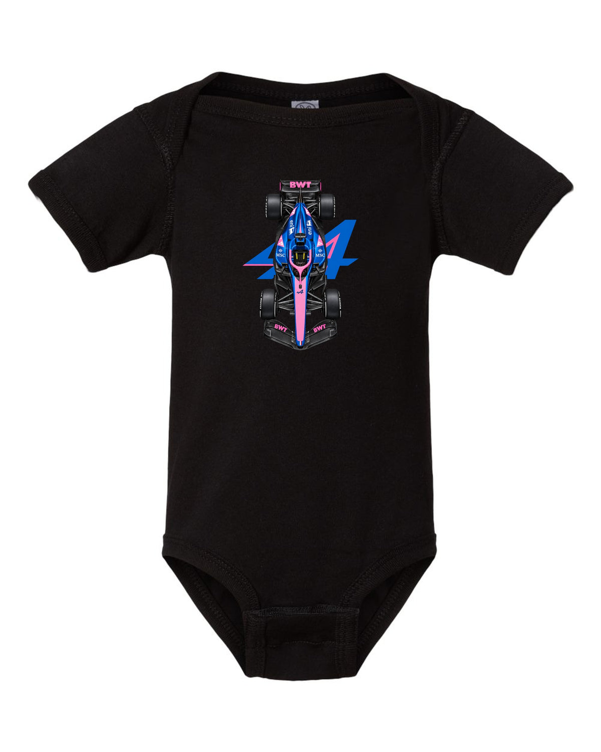 Alpine A526 Formula 1 overhead poster artwork black baby onesie front view with the design