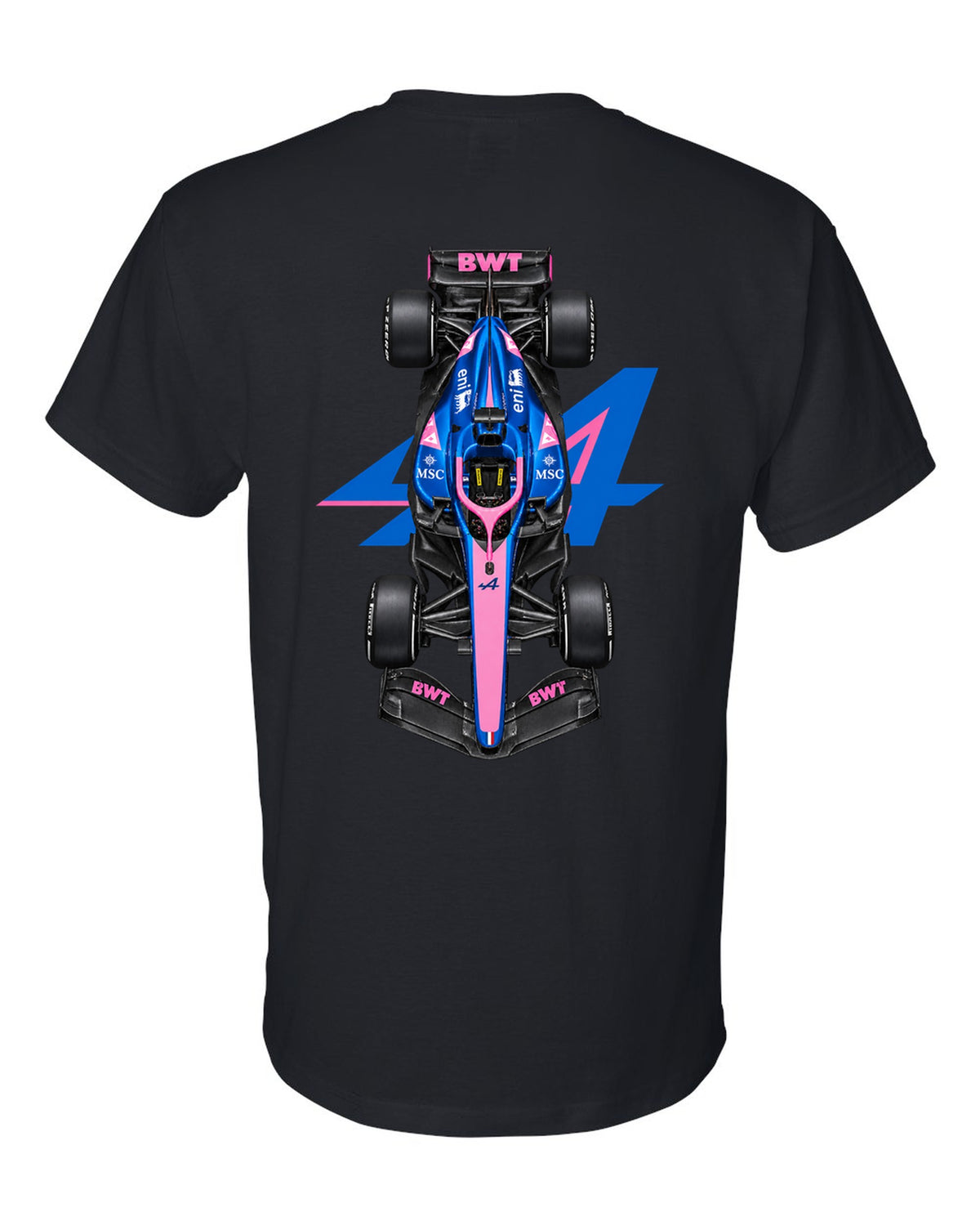Alpine A526 Formula 1 overhead poster artwork black t-shirt back view with the design