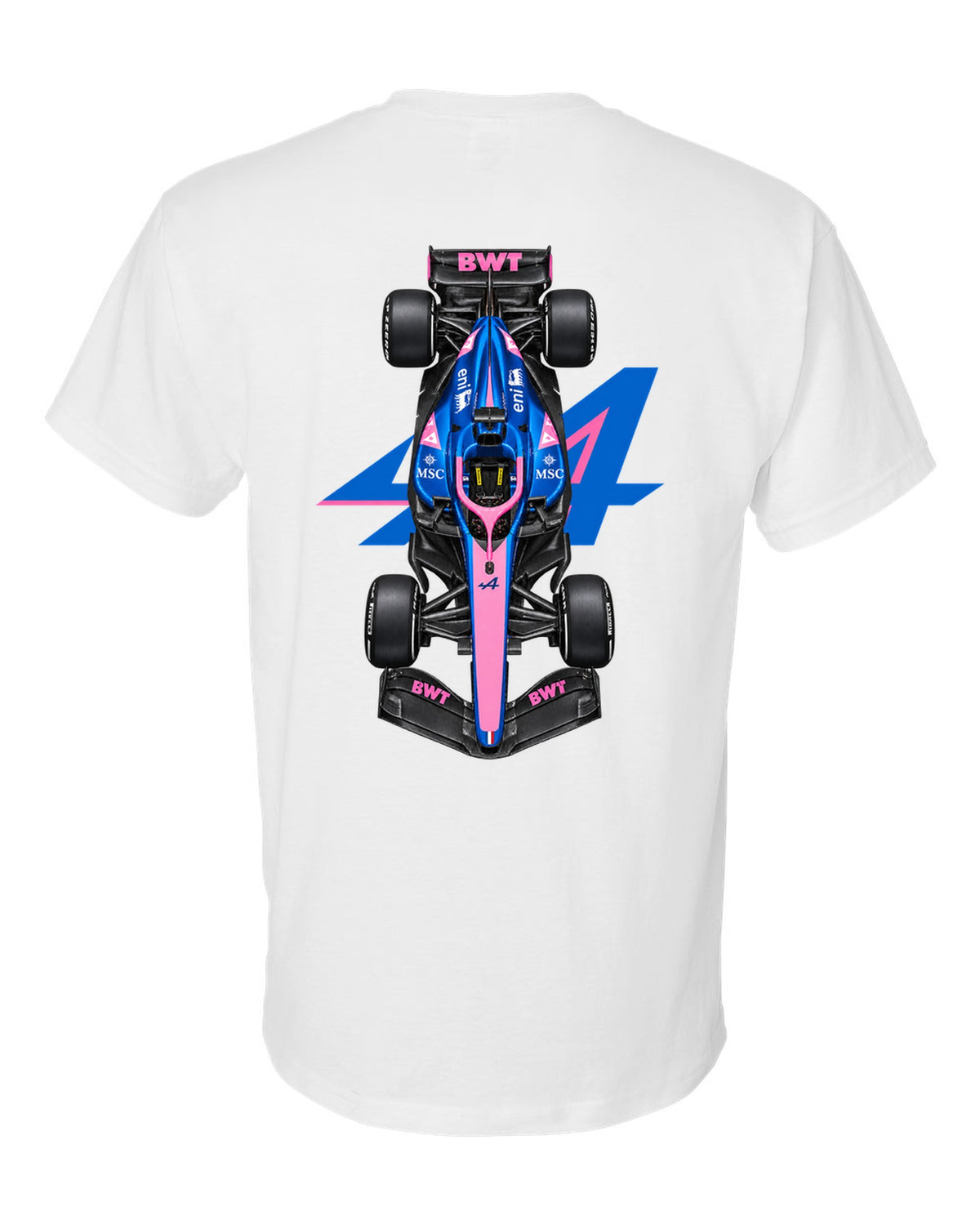 Alpine A526 Formula 1 overhead poster artwork white t-shirt back view with the design