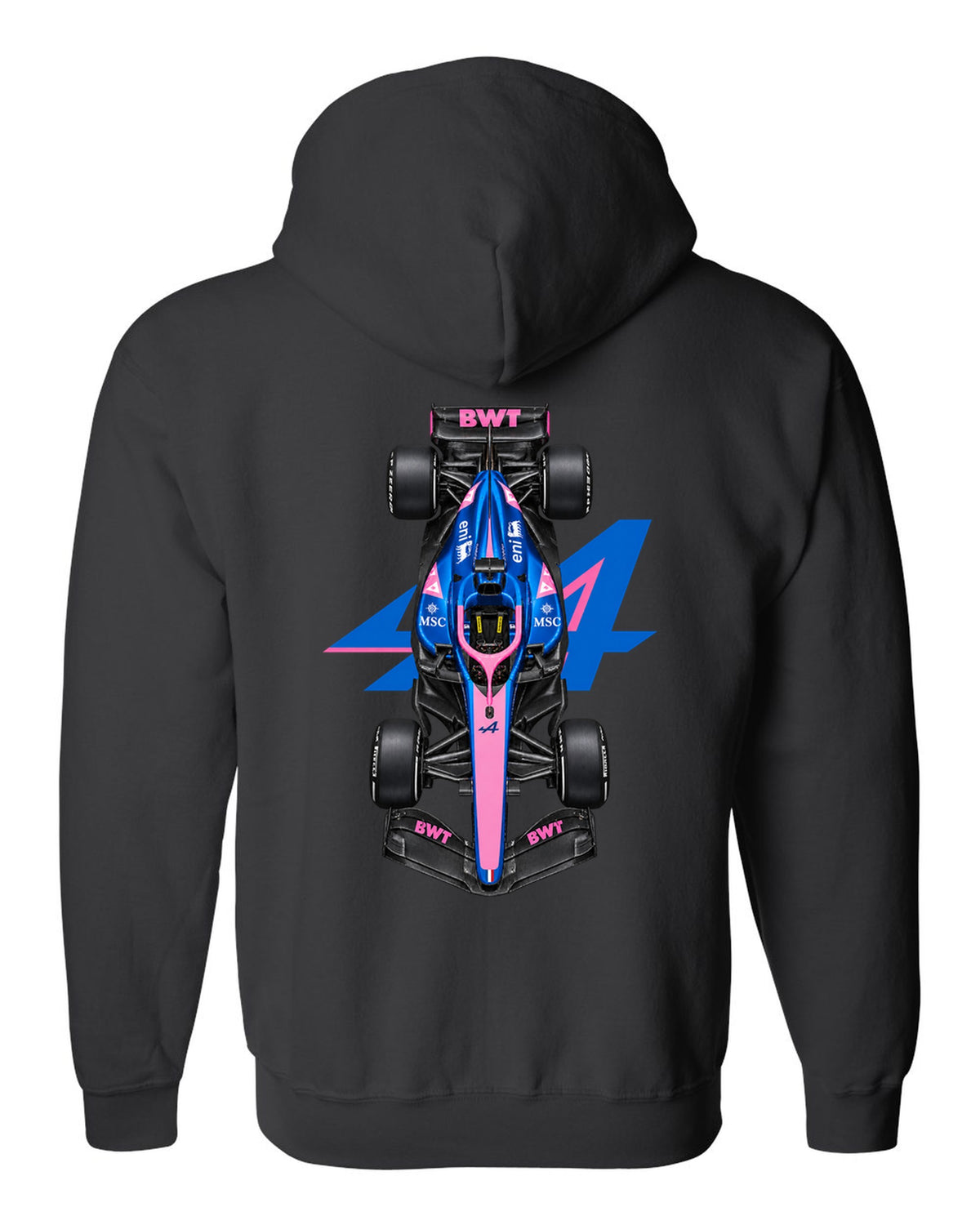 Alpine A526 Formula 1 overhead poster artwork black zip hoodie back view with the design