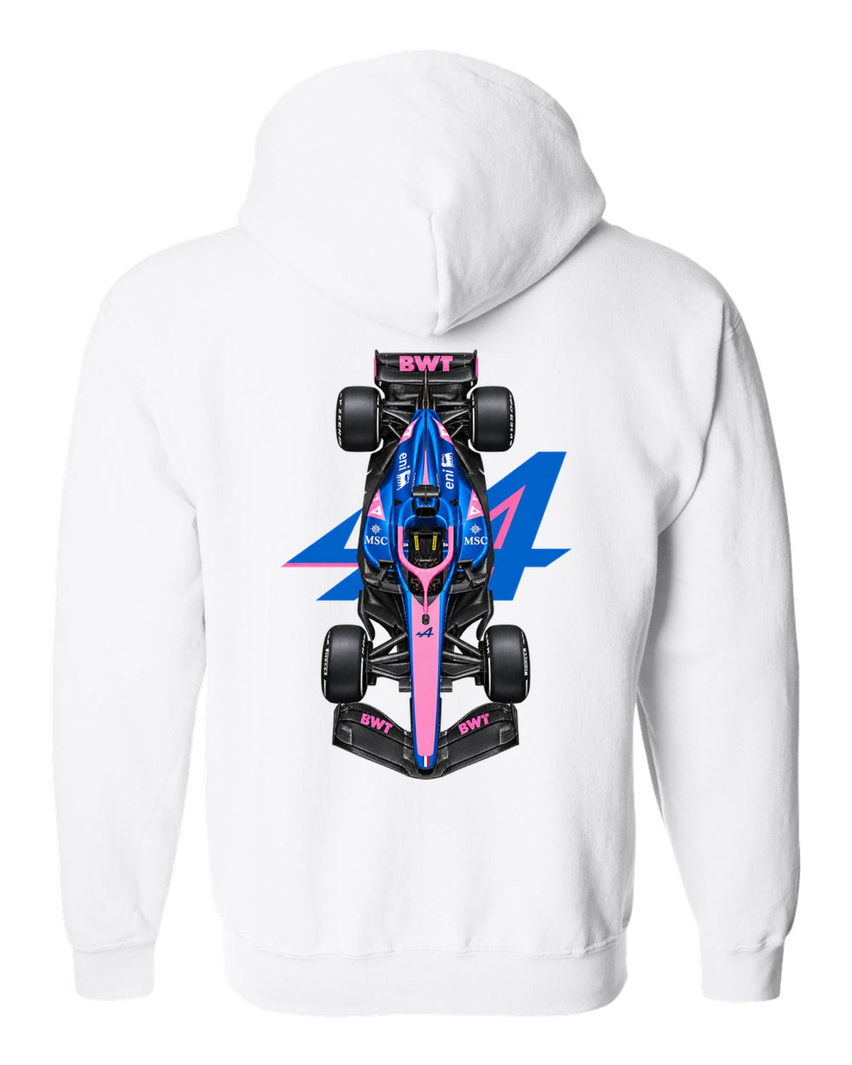 Alpine A526 Formula 1 overhead poster artwork white zip hoodie back view with the design