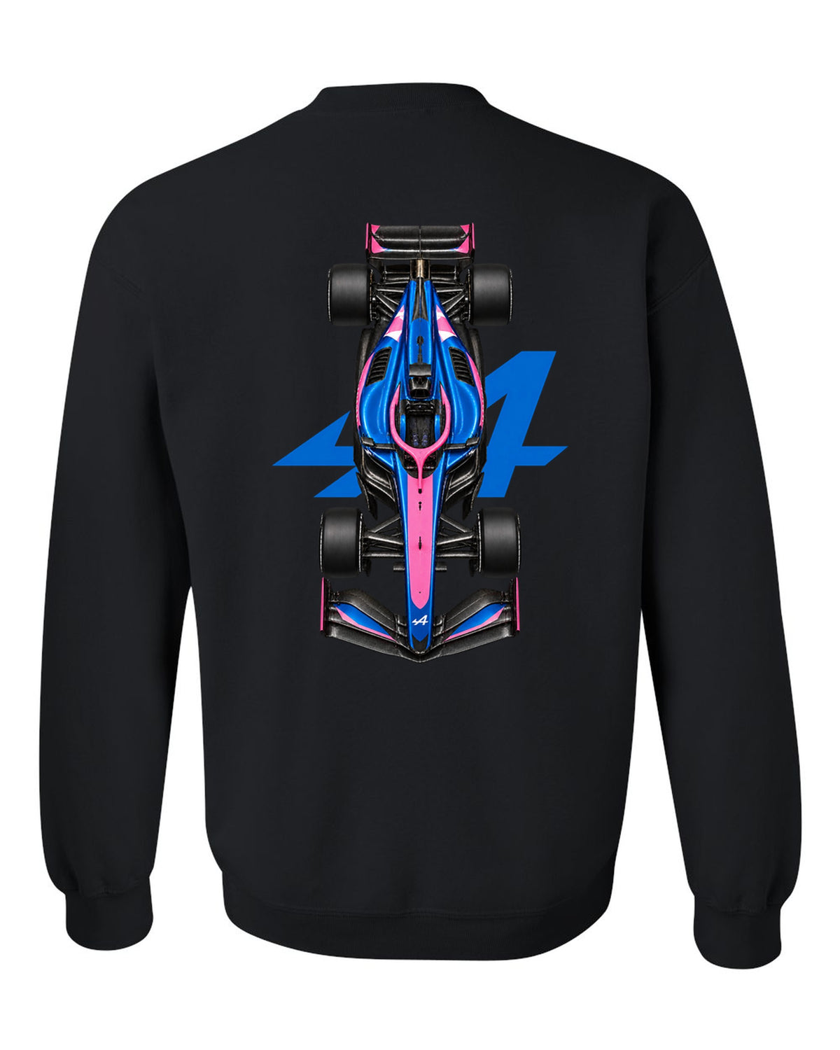 Alpine A526 Formula 1 overhead poster artwork black crewneck back view with the design