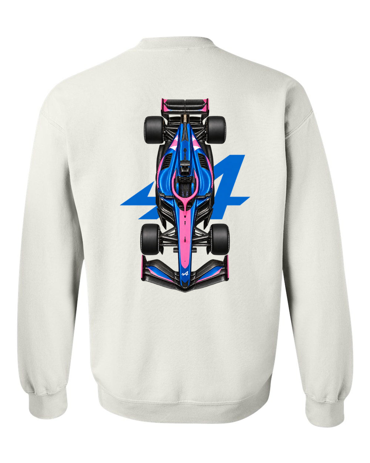 Alpine A526 Formula 1 overhead poster artwork white crewneck back view with the design