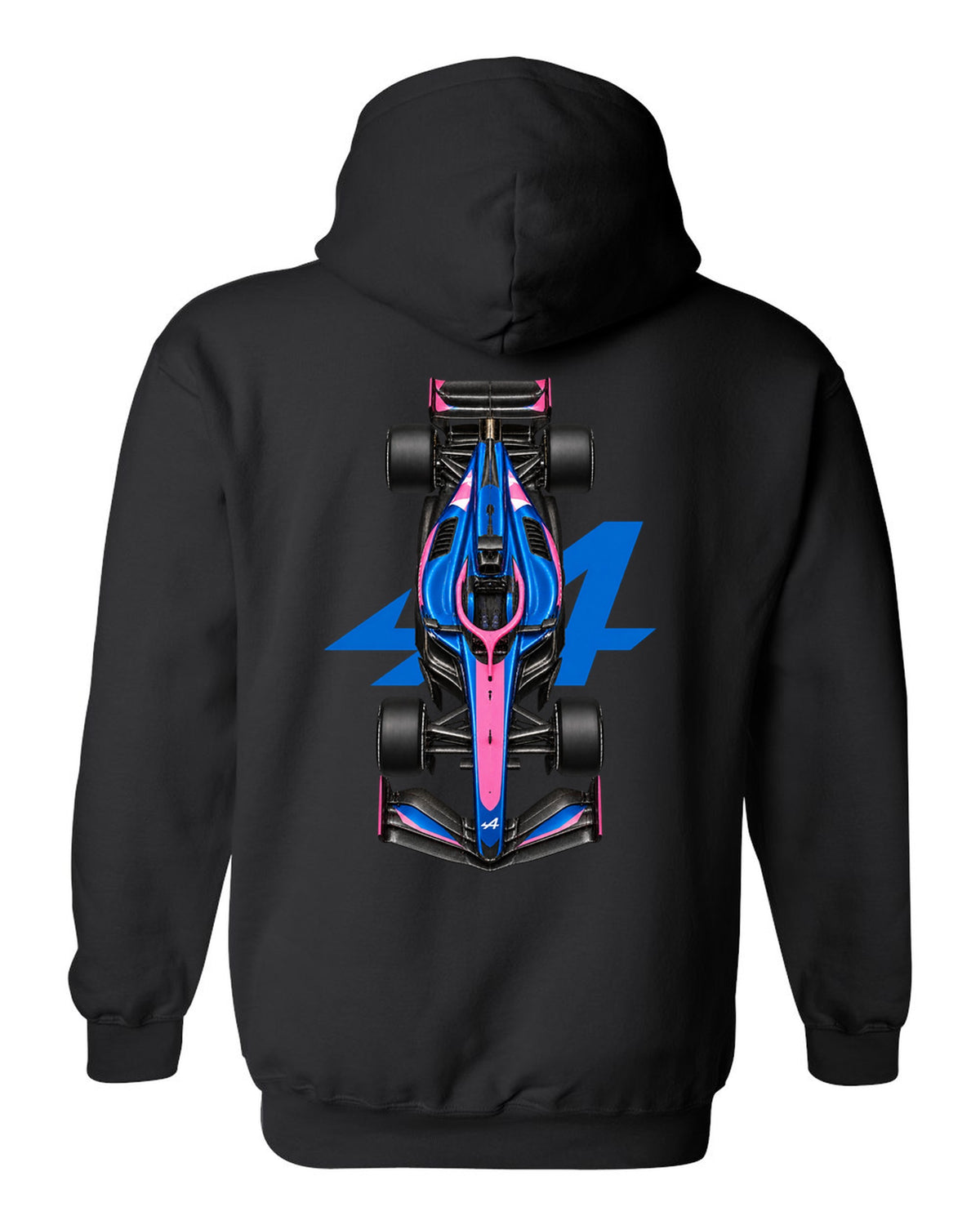 Alpine A526 Formula 1 overhead poster artwork black pull over hoodie back view with the design