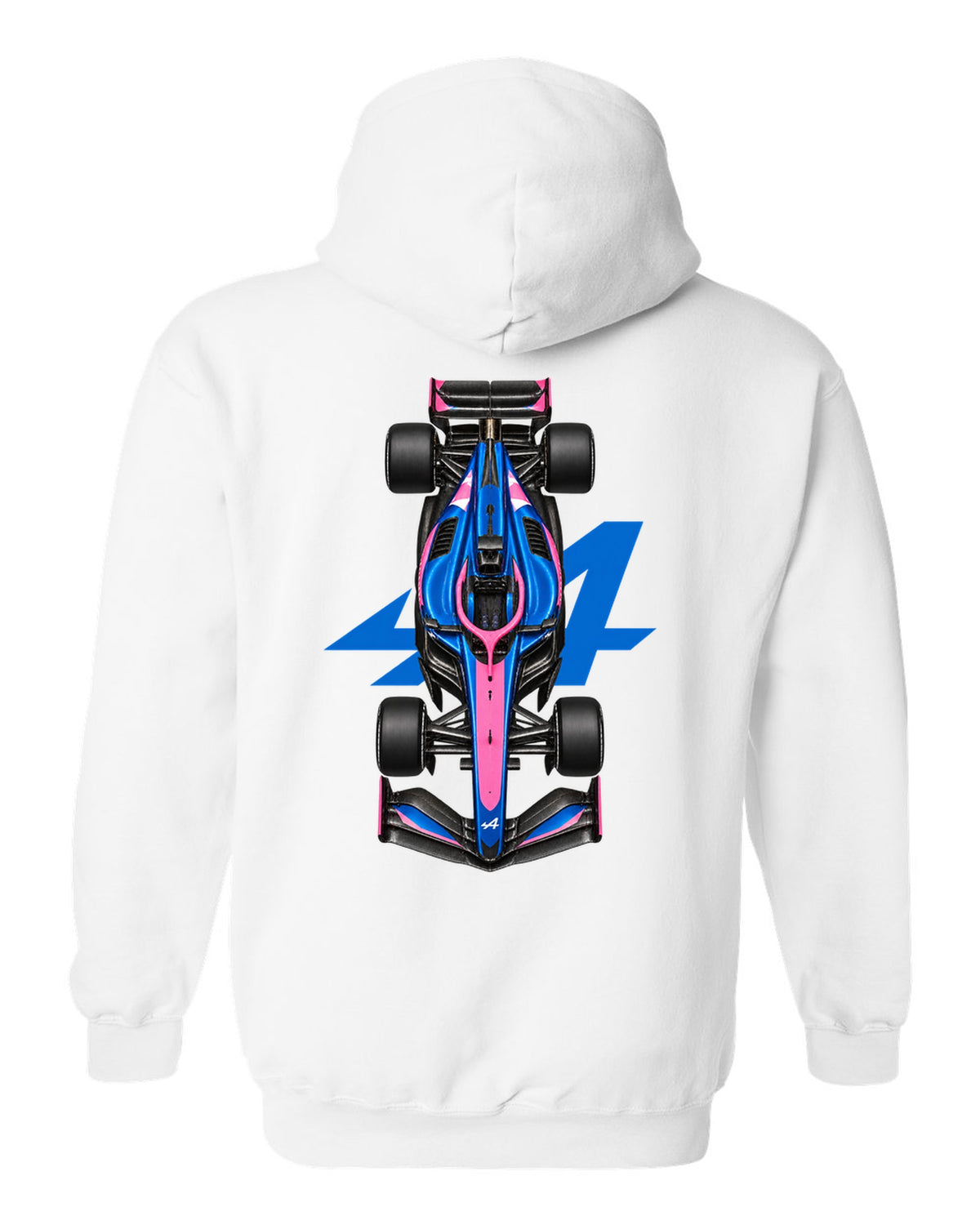 Alpine A526 Formula 1 overhead poster artwork white pull over hoodie back view with the design