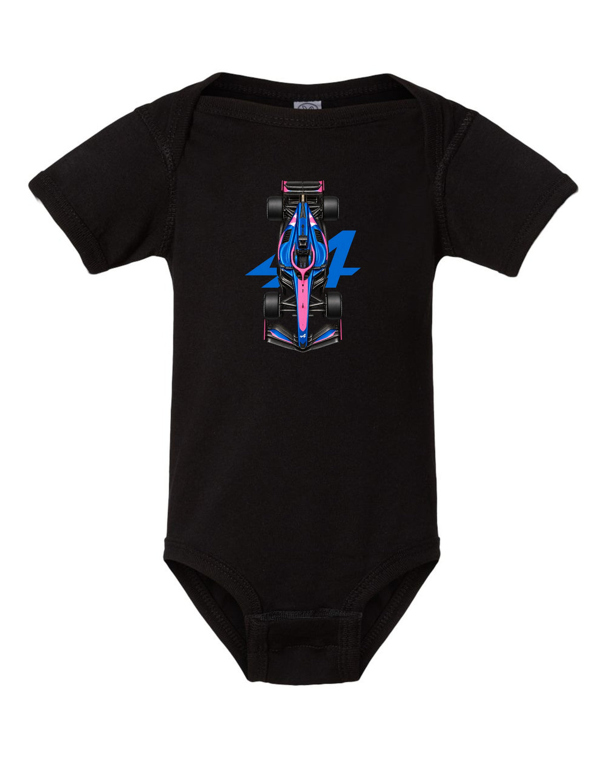 Alpine A526 Formula 1 overhead poster artwork black baby onesie front view with the design