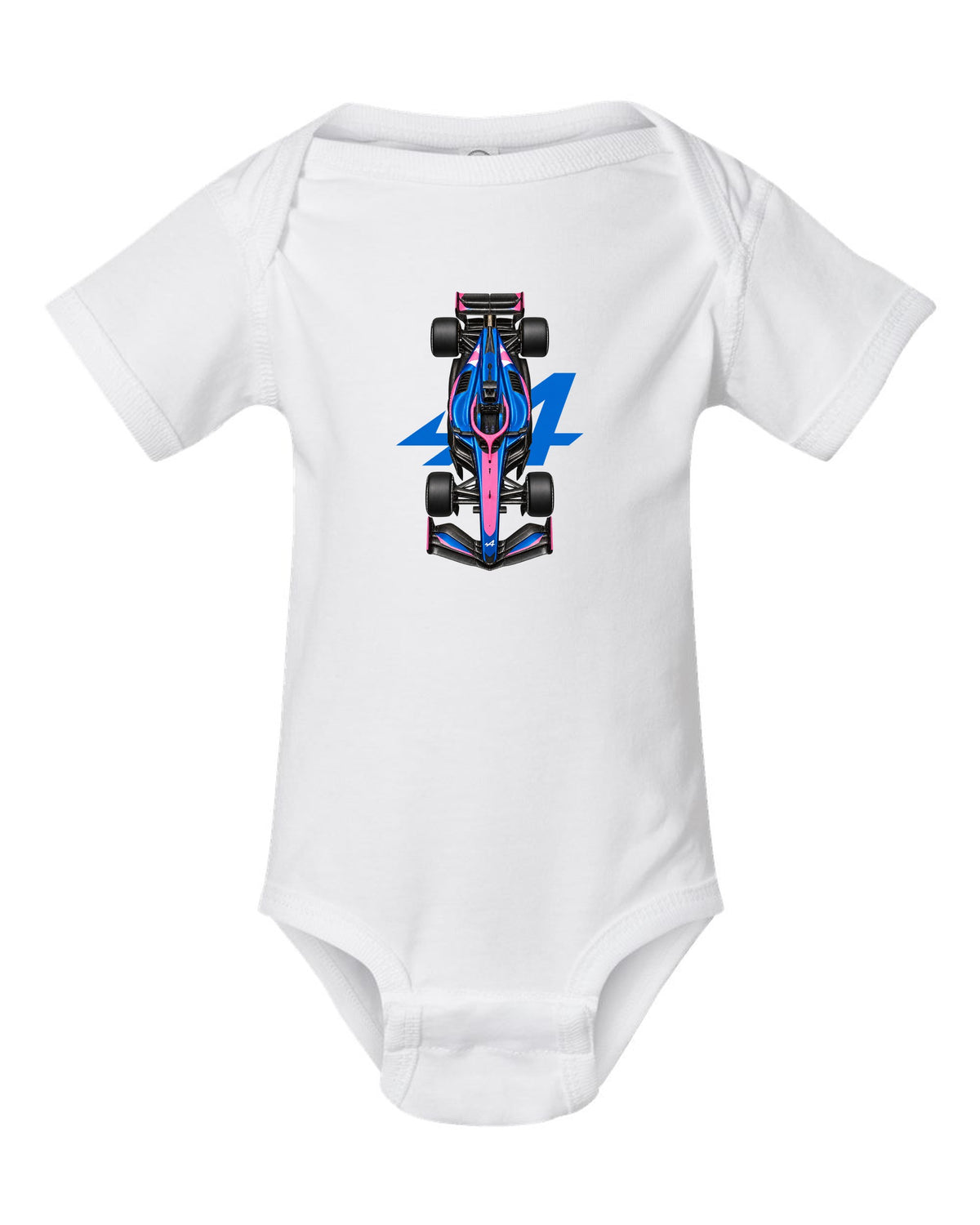 Alpine A526 Formula 1 overhead poster artwork white baby onesie front view with the design
