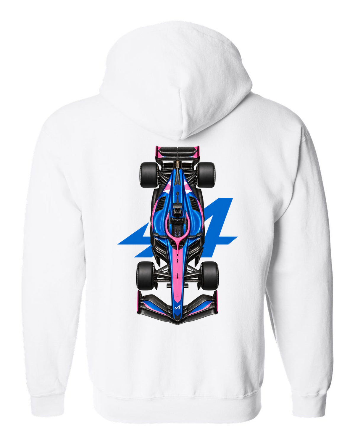 Alpine A526 Formula 1 overhead poster artwork white zip hoodie back view with the design